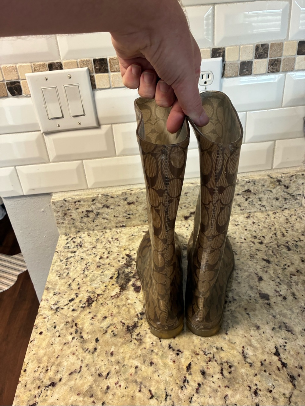 Coach Brown Signature Monogram Knee-High Rain Boots - Picture 3 of 8